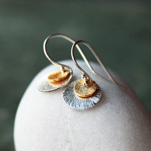 Double Disc Earrings, Mixed Metal Earrings, Two Sparkly Disks, Brushed Sterling Silver and Gold Vermeil