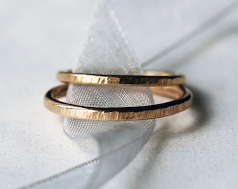 His and Hers Wedding Band Set, Two Hammered Gold Rings, Solid 14k Yellow Gold Wedding Rings