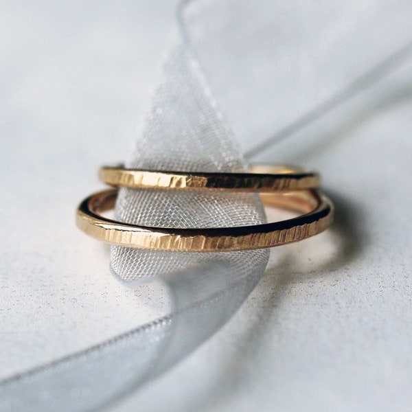 His and Hers Wedding Band Set, Two Hammered Gold Rings, Solid 14k Yellow Gold Wedding Rings