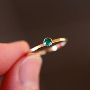 Emerald Gold Ring, Solid 14k Gold Hammered Band, Genuine May Birthstone Jewelry Stacking Ring