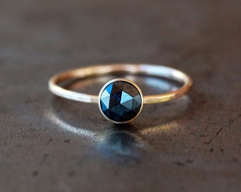 Rose Cut Black Diamond Ring, Your Choice Diamond, Solid 14k Gold Hammered Band, Unique Engagement Low Profile Ring