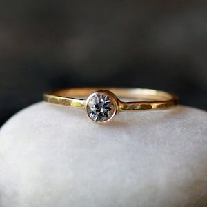 White Sapphire Engagement Ring, Solid 14k Gold Hammered Band, Diamond Alternative Ring