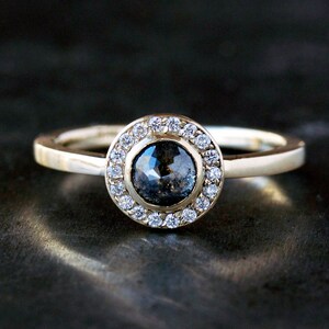 Rose Cut Diamond Halo Ring, Salt and Pepper Diamond Solid 14k Gold Band, White Diamond Halo image 2