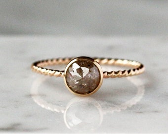 Natural Color Rose Cut Diamond Ring, Your Choice of Diamond, Solid 14k Gold Twisted Rope Band
