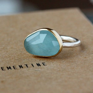 Aquamarine Ring, 18k Yellow Gold Bezel Setting and Hammered Sterling Silver Band, Rose Cut Gemstone, March Birthstone Jewelry