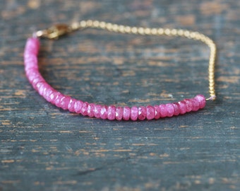 Dainty Pink Sapphire Bracelet, 14k Gold Fill Chain, September Birthstone Jewelry