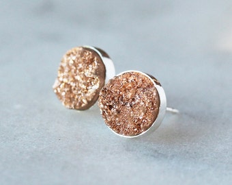 Champagne Druzy Earrings, Natural Drusy Gemstone, Sterling Silver Studs, Druzy Post Earrings, Rose Gold Drusy Studs