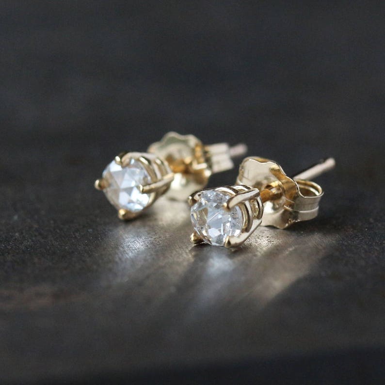 Diamond Stud Earrings Gold, Rose Cut White Diamonds, Solid 14k Gold Studs, 1/3 Carat Total Weight image 5