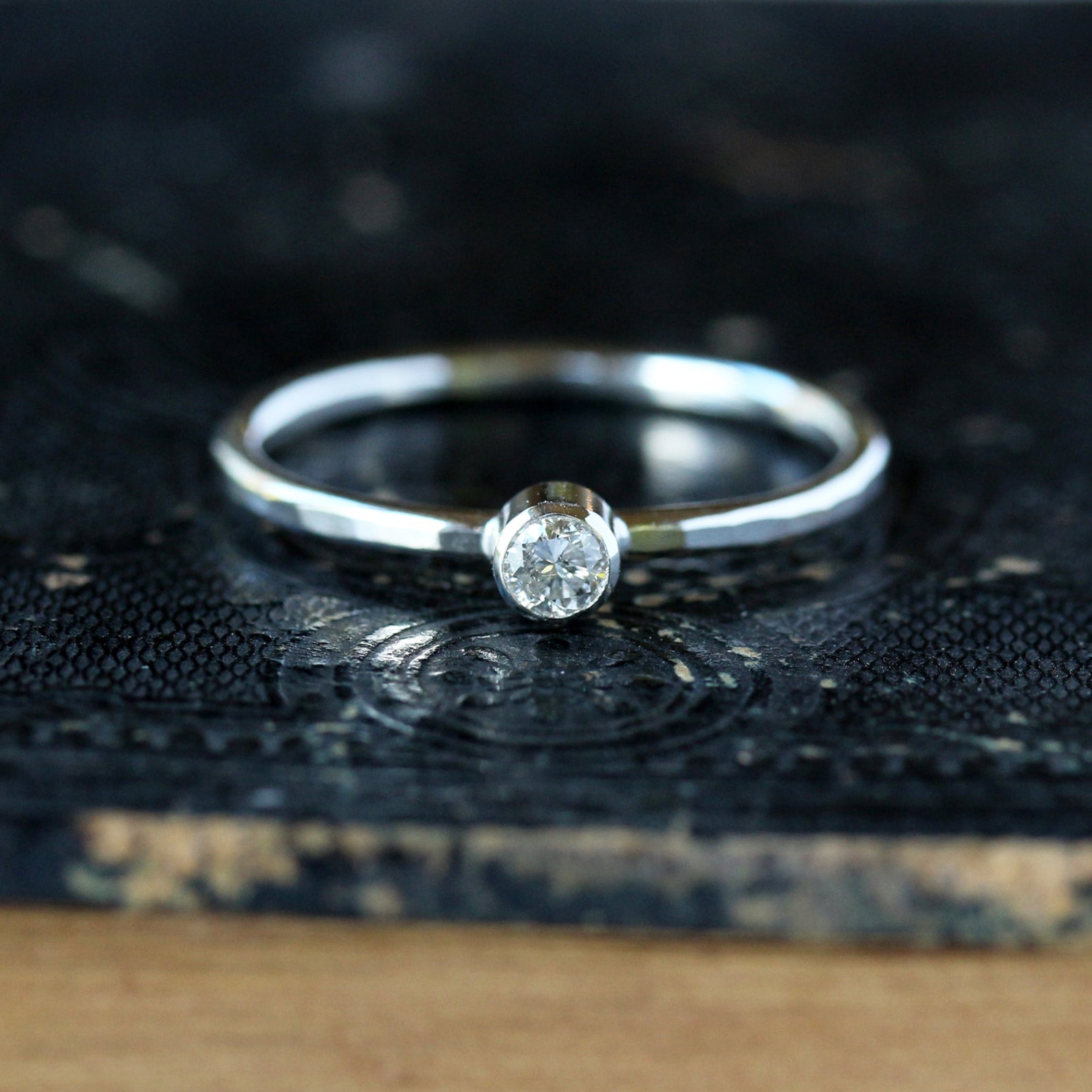 Small Diamond Rings Silver Simple Silver Diamond Ring, Sterling Silver Hammered Band, Conflict ...