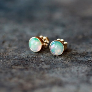 Opal Studs, 14k Gold Opal Earrings, Genuine Opal Gemstone, SOLID Yellow Gold, October Birthstone, 6mm Gems image 1