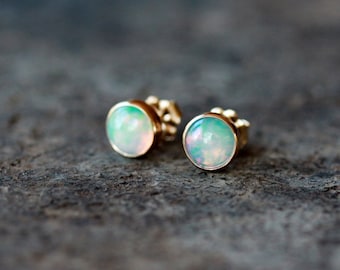 Opal Studs, 14k Gold Opal Earrings, Genuine Opal Gemstone, SOLID Yellow Gold, October Birthstone, 6mm Gems