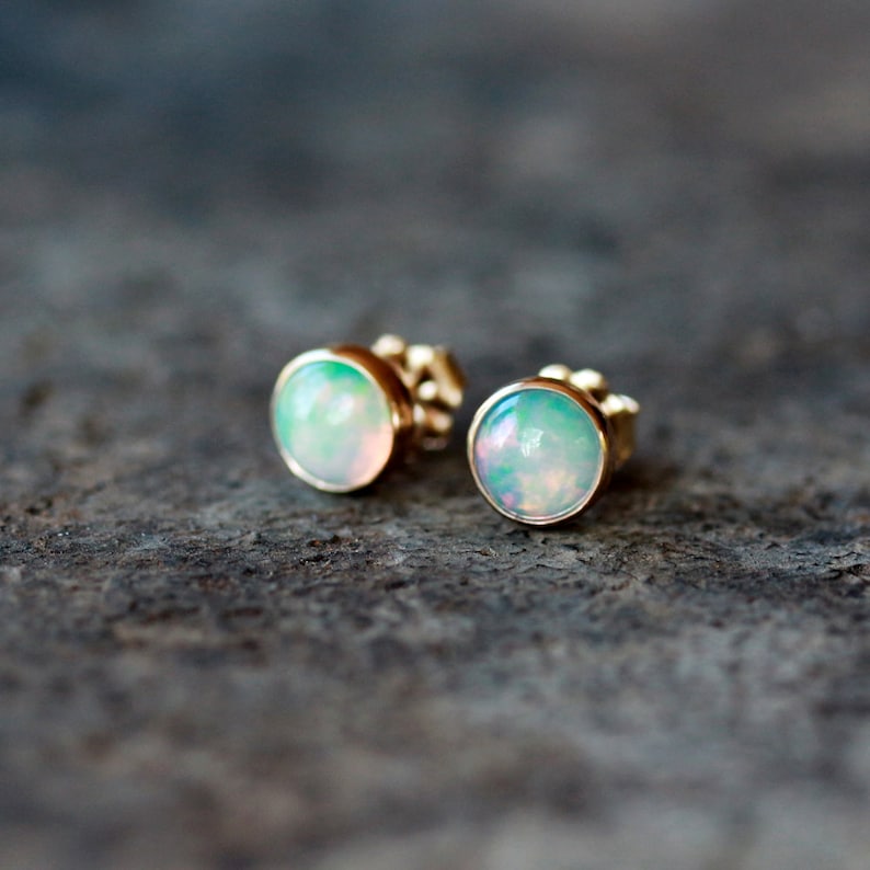 Opal Studs, 14k Gold Opal Earrings, Genuine Opal Gemstone, SOLID Yellow Gold, October Birthstone, 6mm Gems image 1