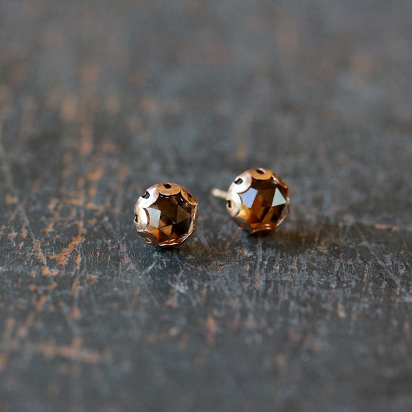 Rose Cut Smoky Quartz Stud Earrings, 14k Gold Filled Posts, Gold Quartz Studs, Smoky Quartz Earrings