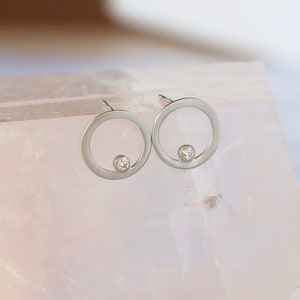 Genuine Diamond Open Circle Earrings, Brushed Sterling Silver Diamond Circle Studs, Open Circle Diamond Stud Earrings image 4