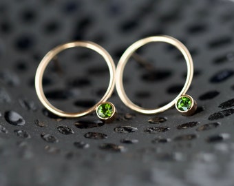Green Gemstone Circle Earrings, Open Circle Studs with Chrome Diopside Gemstones, 14k Gold Filled Earrings, Gold Circles with Tiny Gems