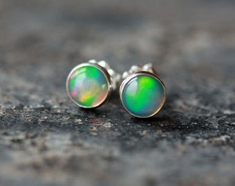 Opal Stud Earrings - Sterling Silver - October Birthstone - Real Genuine Opal Jewelry - Gemstone Studs