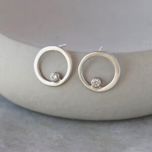 Genuine Diamond Open Circle Earrings, Brushed Sterling Silver Diamond Circle Studs, Open Circle Diamond Stud Earrings image 5