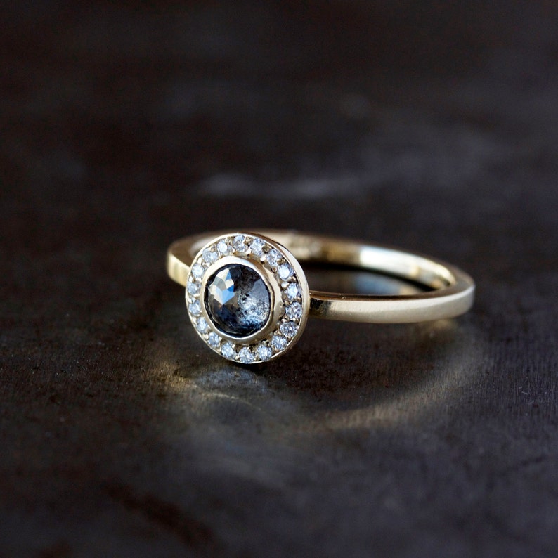 Rose Cut Diamond Halo Ring, Salt and Pepper Diamond Solid 14k Gold Band, White Diamond Halo image 3