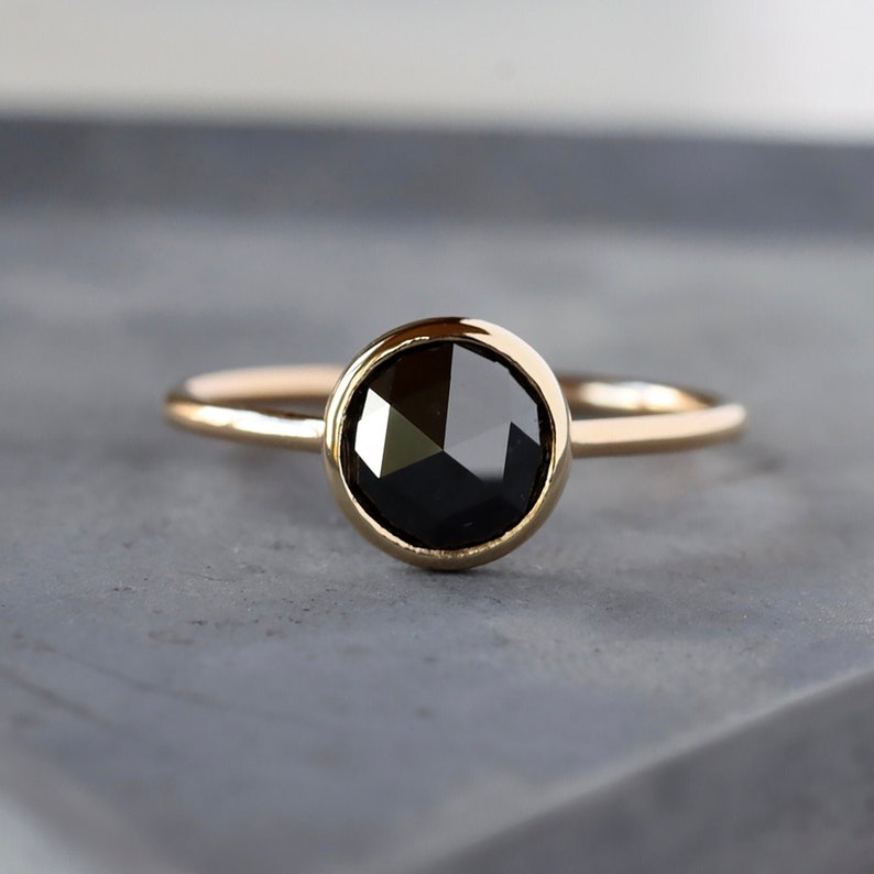 Black Diamond Ring, Large Round Rose Cut Diamond, Solid 14k Yellow Gold Ring, Unique Engagement Ring image 1