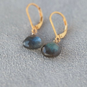 Labradorite Drop Earrings, Gray Gemstones with Blue Green Flash on Gold Filled Lever Back Closure, Sparkly Lightweight Earrings image 2