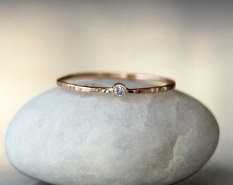 Mini Diamond Ring, Tiny Diamond Ring Gold, Slim Hammered Band, Tree Bark Texture, Minimal Diamond Engagement