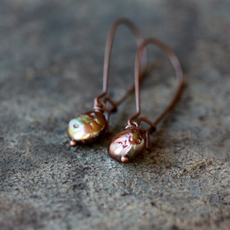 Freshwater Pearl Earrings, Chocolate Bronze Pearl Drops, Rustic Copper Earrings image 4
