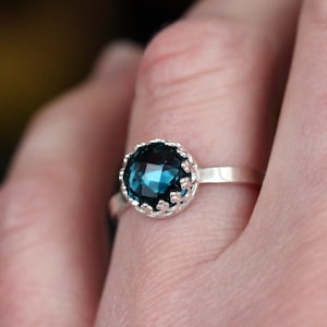 London Blue Topaz Ring Silver, .925 Sterling Silver Band, Princess Crown Ring December Birthstone