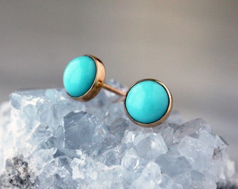 Turquoise Studs, Gold Stud Earrings, 14k Yellow Gold Post, Gold Turquoise Earrings, Blue Turquoise Gemstone Studs