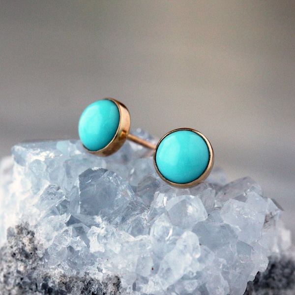 Turquoise Studs, Gold Stud Earrings, 14k Yellow Gold Post, Gold Turquoise Earrings, Blue Turquoise Gemstone Studs