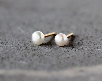 Tiny Pearl Studs, 14K Solid Gold Earrings, White Pearl Earrings, June  Birthstone, Second Hole Earring