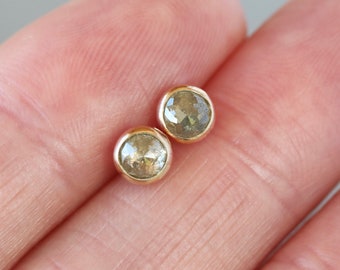 Gray Diamond Stud Earrings, Genuine Rose Cut Diamonds, Solid 14k Gold Diamond Studs, Ethical Fancy Color Diamonds