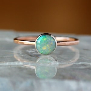 Opal Ring Gold, Solid 14k Gold Hammered Band, October Birthstone Jewelry