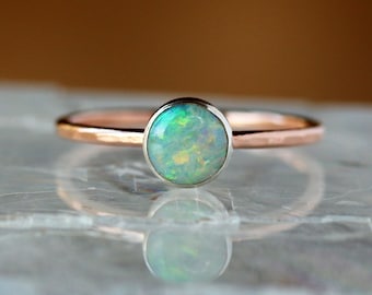Opal Ring Gold, Solid 14k Gold Hammered Band in Choice of Rose Gold or Yellow Gold, October Birthstone Jewelry