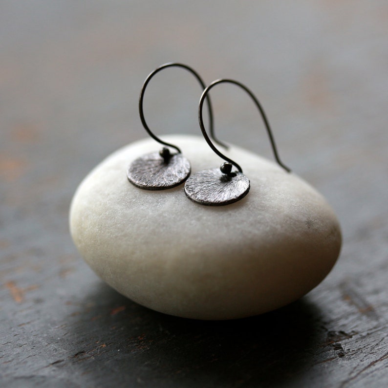 Black Disc Earrings, Oxidized Black Silver Mini Circle Earrings, Black Circle Drops, Petite Earrings image 1