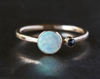 Opal and Black Diamond Ring, Two Stone Engagement Ring, Solid 14k Gold Hammered Band