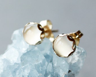 White Moonstone Stud Earrings, Genuine Gemstone Jewelry, 14k Gold Filled Posts, June Birthstone