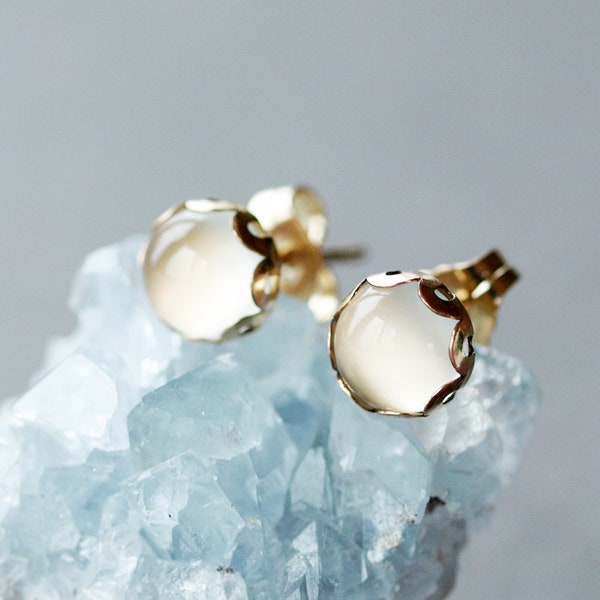 White Moonstone Stud Earrings, Genuine Gemstone Jewelry, 14k Gold Filled Posts, June Birthstone