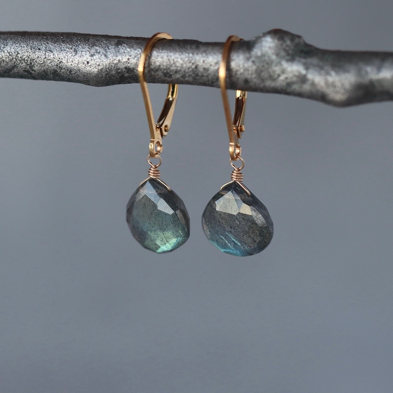 Labradorite Drop Earrings, Gray Gemstones with Blue Green Flash on Gold Filled Lever Back Closure, Sparkly Lightweight Earrings image 1