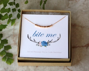 BITE ME Morse Code Necklace, Secret Message Jewelry, Funny Gift for Her, Sterling Silver or Gold Filled Beads and Chain