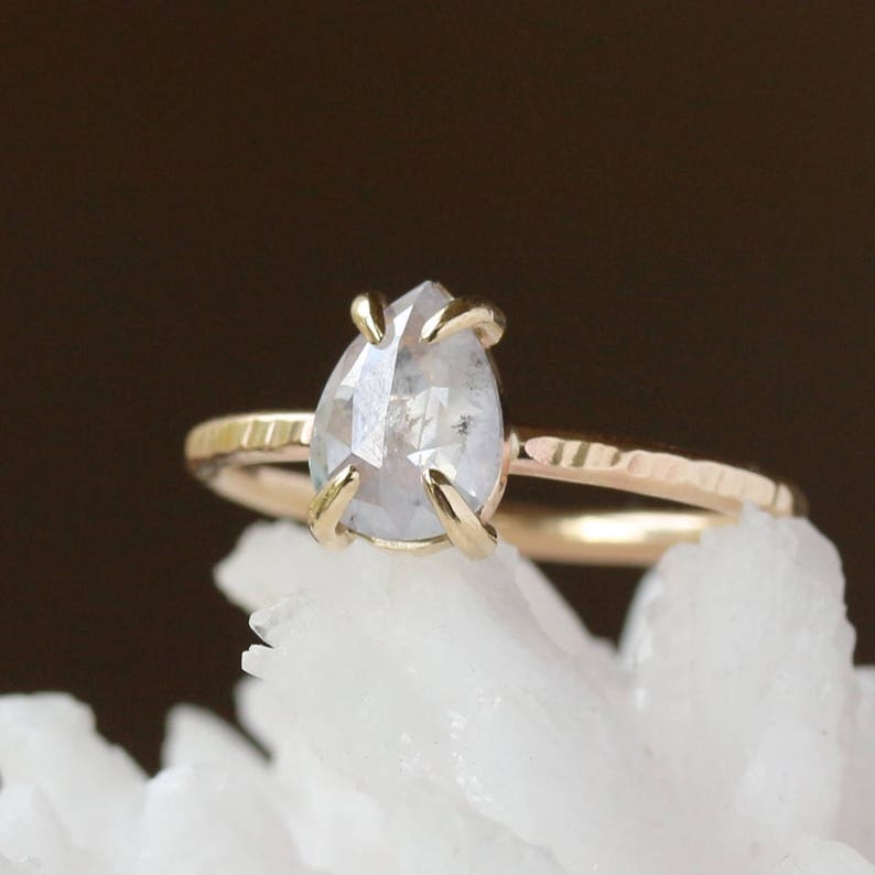 Natural Icy White Diamond Ring, Rose Cut Pear Diamond, 14k Yellow Gold Hammered Band, Conflict Free Solitaire Prong-Set Diamond image 4