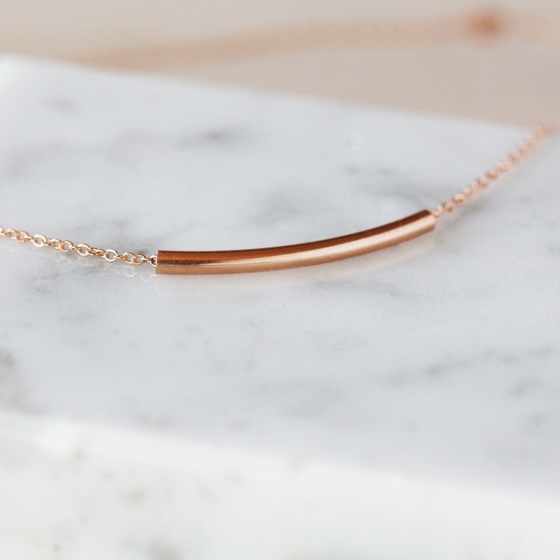Rose Gold Bar Necklace, Dainty 14k Rose Gold Fill Curved Bar Minimalist Necklace image 8