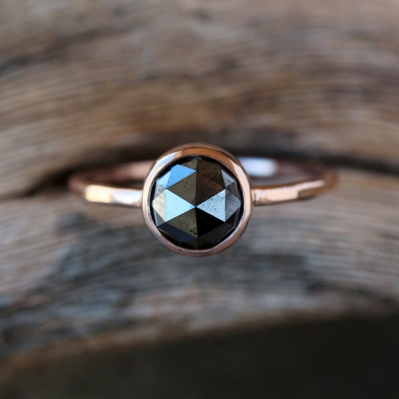 Rose Cut Black Diamond Ring, Solid 14k Rose Gold Hammered Band, Black Diamond Engagement Ring image 2