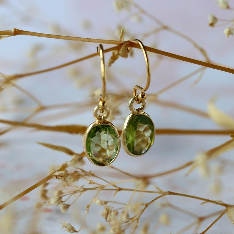 Peridot Drop Earrings, Oval Faceted Gemstone Dangles in Gold, Dainty August Birthstone Jewelry image 5