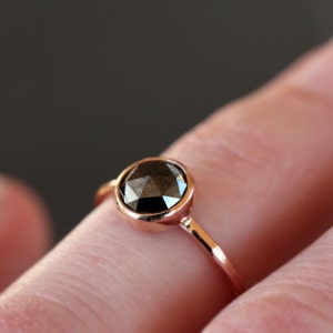 Rose Cut Black Diamond Ring, Solid 14k Rose Gold Hammered Band, Black Diamond Engagement Ring image 3