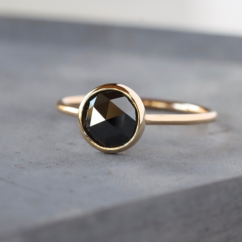 Black Diamond Ring, Large Round Rose Cut Diamond, Solid 14k Yellow Gold Ring, Unique Engagement Ring image 5