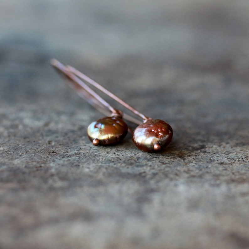 Freshwater Pearl Earrings, Chocolate Bronze Pearl Drops, Rustic Copper Earrings image 3