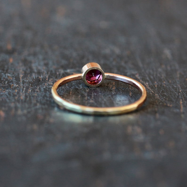 Garnet Ring Gold, Rhodolite Garnet on Solid 14k Yellow Gold Hammered Band, Gemstone Solitaire Ring image 4