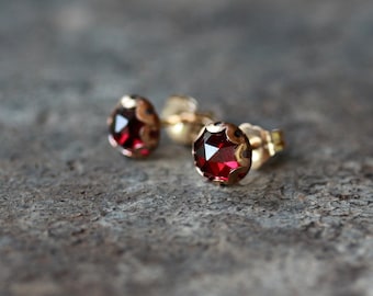 Rose Cut Garnet Studs: 14k Gold Filled Earrings, January Birthstone