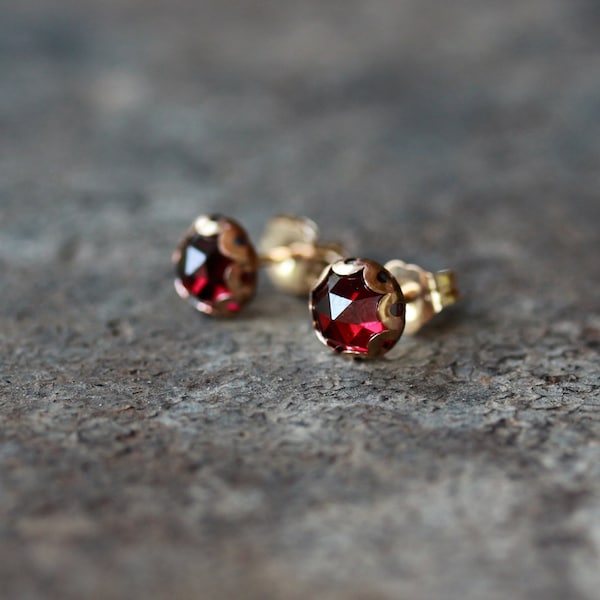 Garnet Studs, Rose Cut Garnet Earrings, 14k Gold Filled Post, Deep Red Color, January Birthstone, 6mm Size Gem