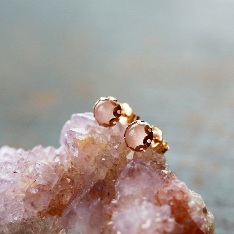 Rose Quartz Earrings, 14k Gold Fill Studs, Soft Pale Pink Earrings, Rose Quartz Ear Studs, Gold Post Earrings image 1